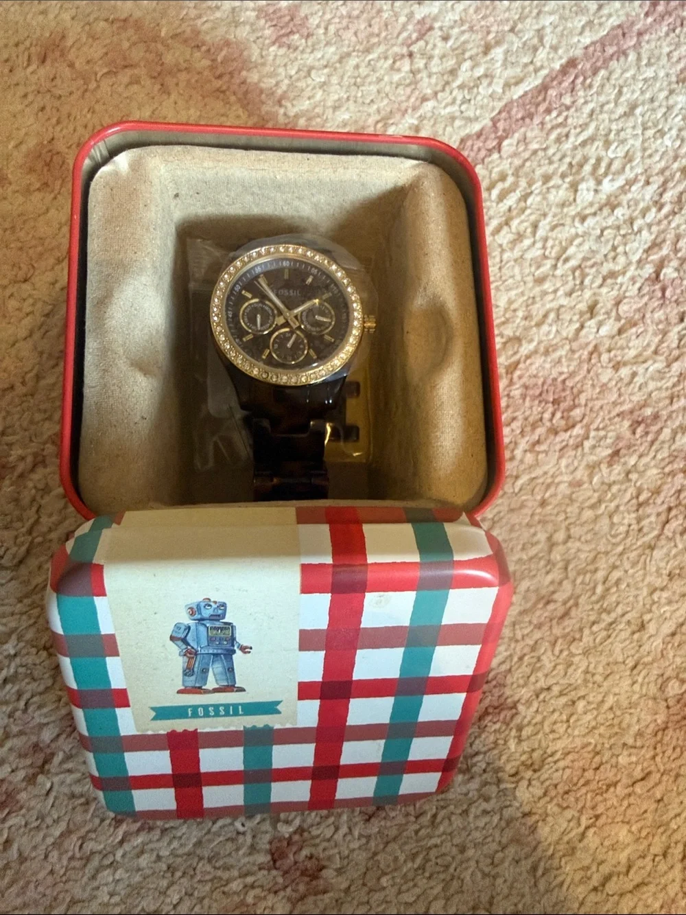 Fossil Women's Tortoiseshell Bracelet Watch with Gold Crystal Bezel